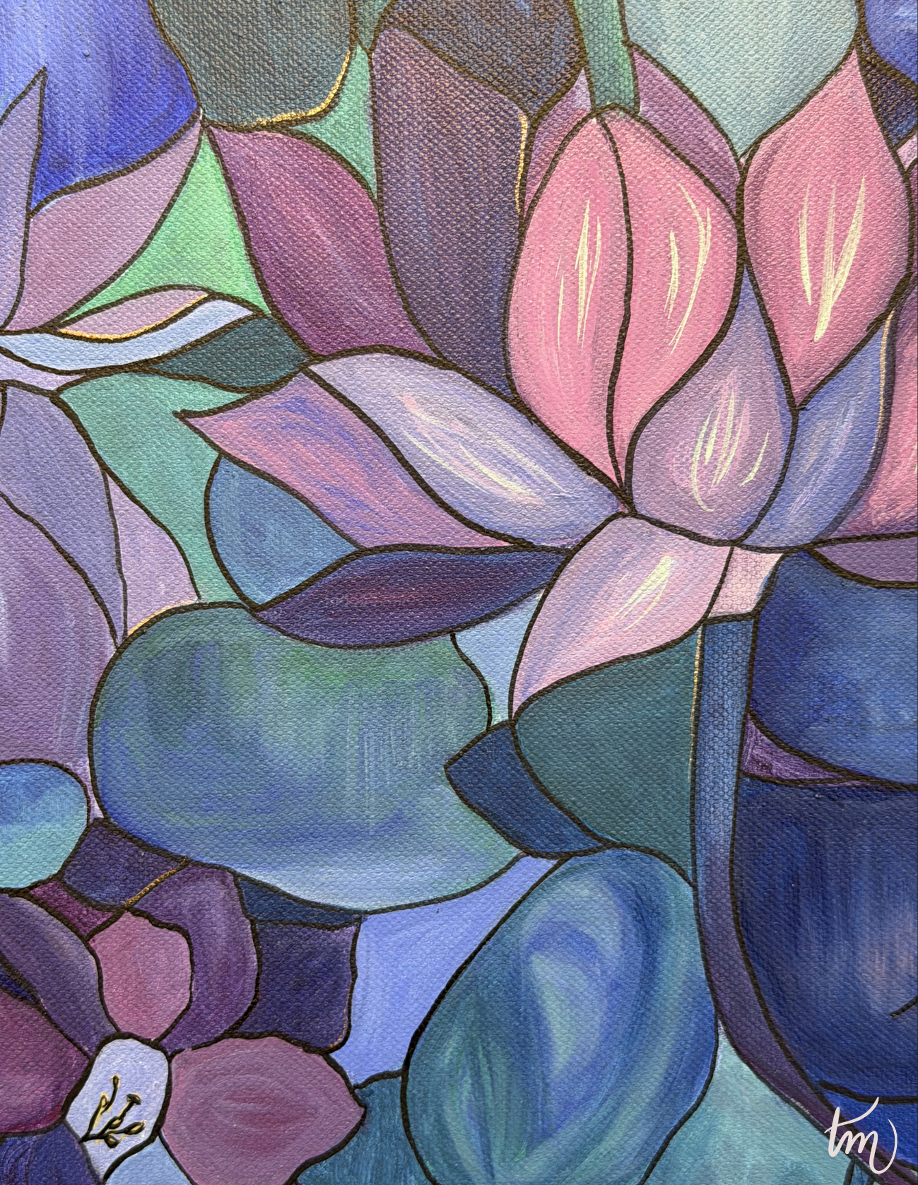 Colorful abstract painting of flowers and leaves with a focus on purple and blue tones.