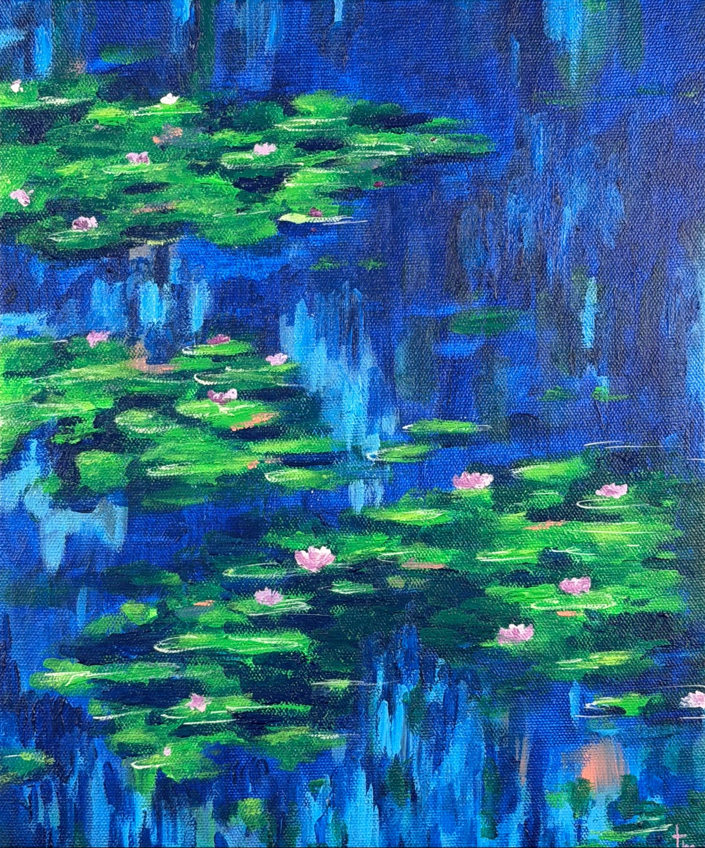 Abstract Original Painting of water lilies on a pond with a blue background