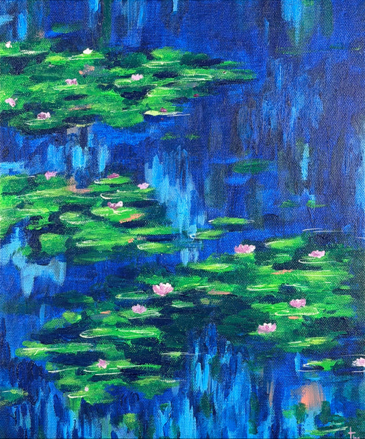 Abstract Original Painting of water lilies on a pond with a blue background
