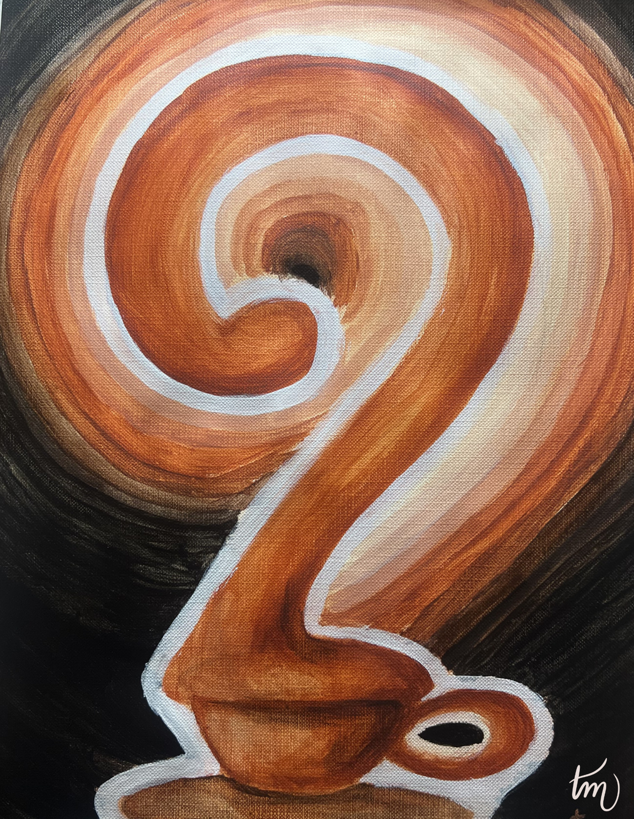 Close-up of a stylized illustration of a coffee cup with a spiral design on a dark background. 