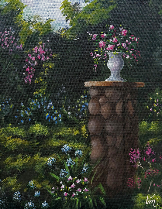 Artistic depiction of a stone wall with flowers and plants in a garden setting