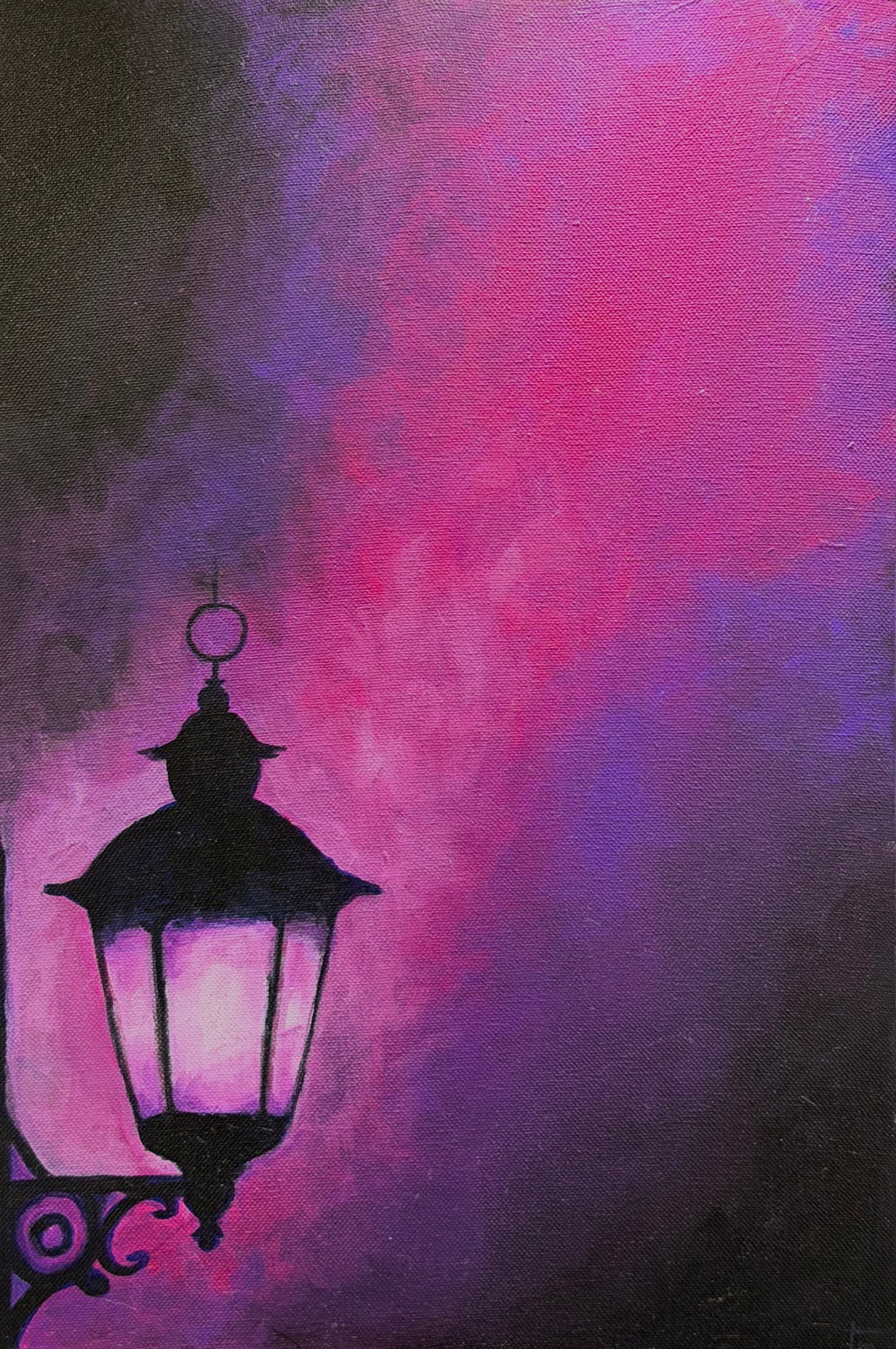 Painting of a vintage street lamp against a pink and purple gradient background