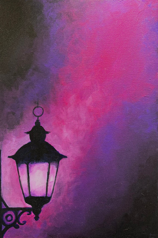 Painting of a vintage street lamp against a pink and purple gradient background