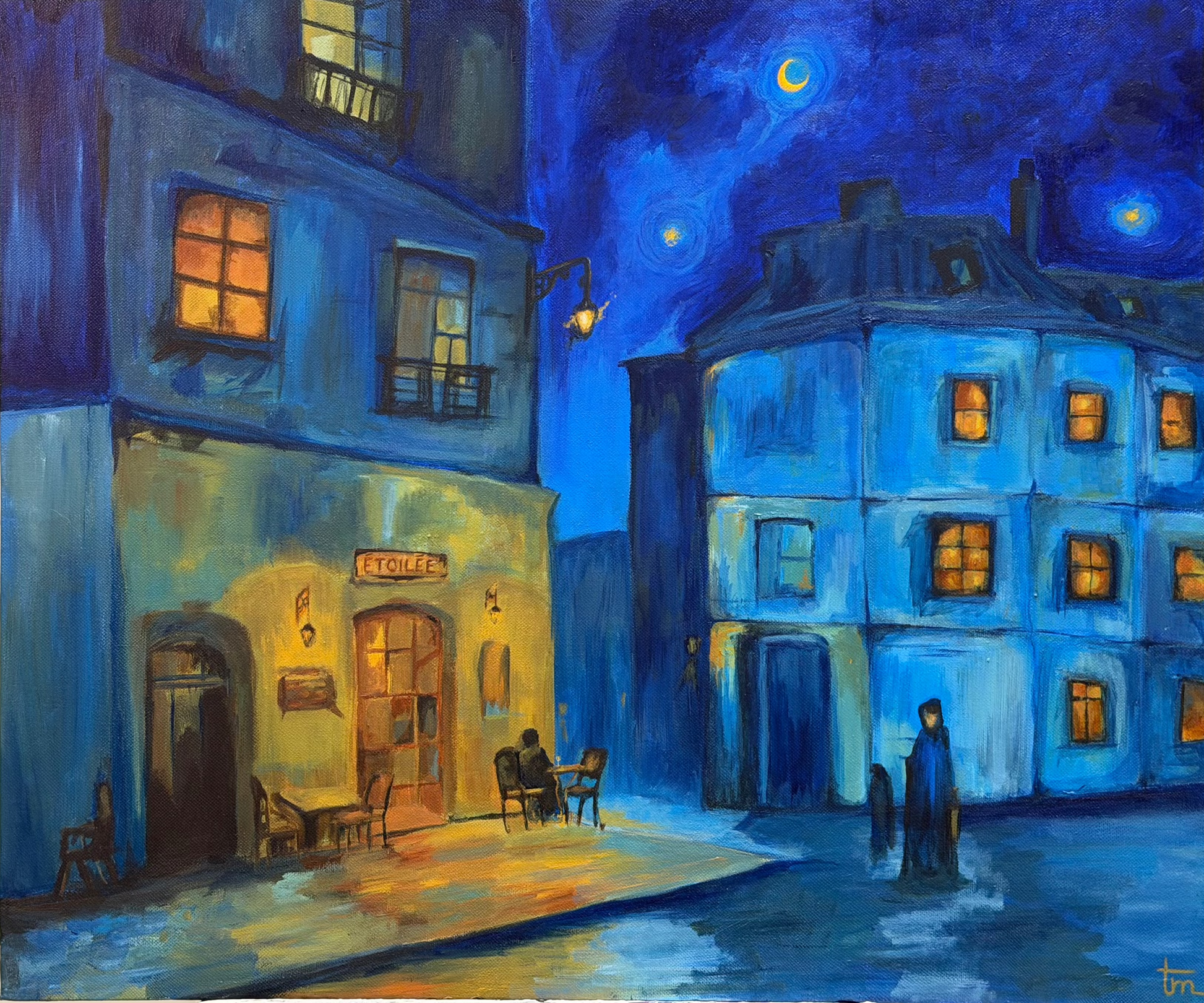 Painting of a street scene at night with illuminated buildings and people.