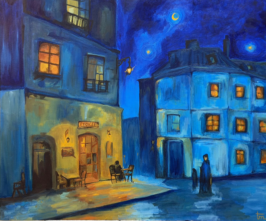 Painting of a street scene at night with illuminated buildings and people.