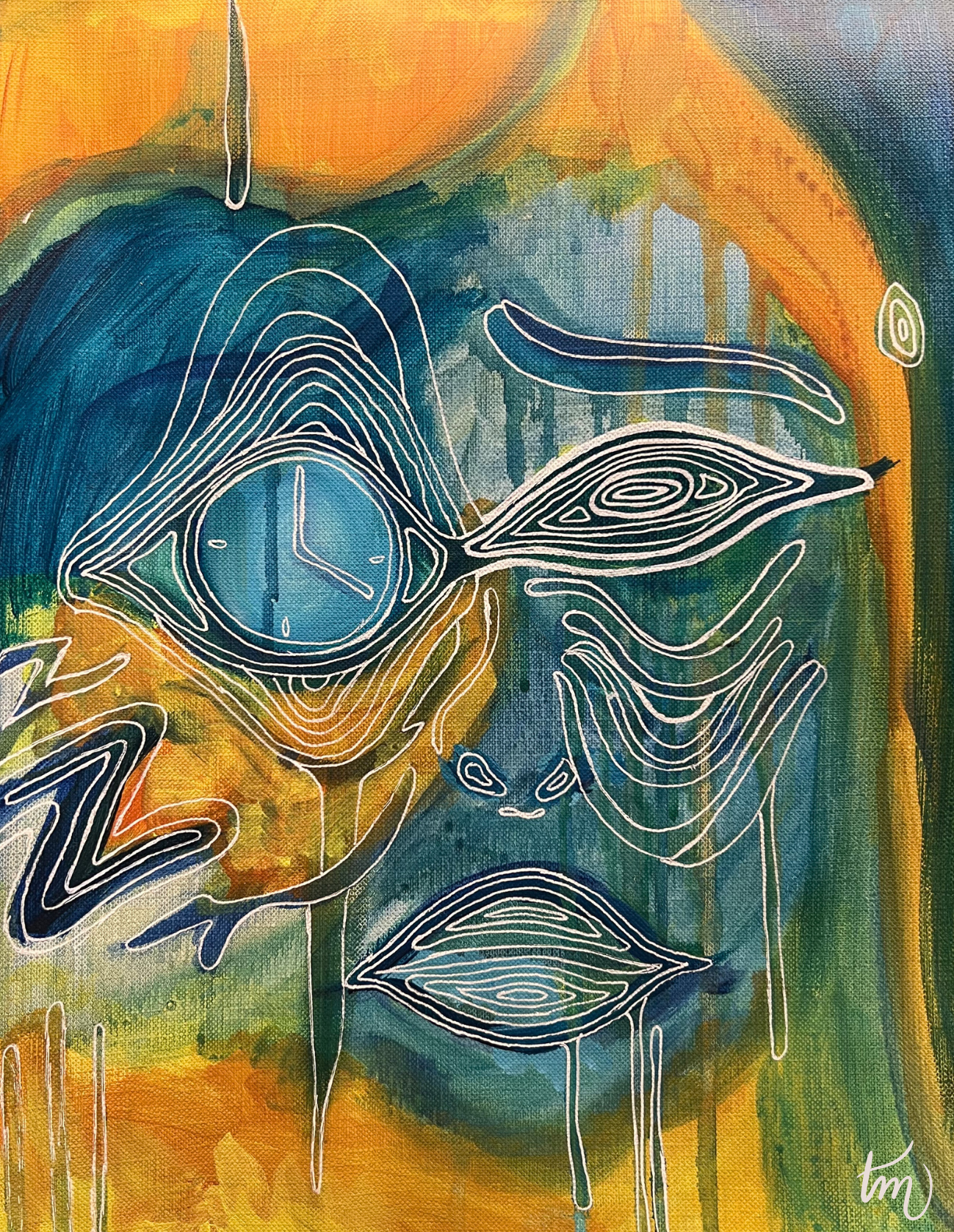 Abstract artwork for sale with blue and yellow colors and white line patterns