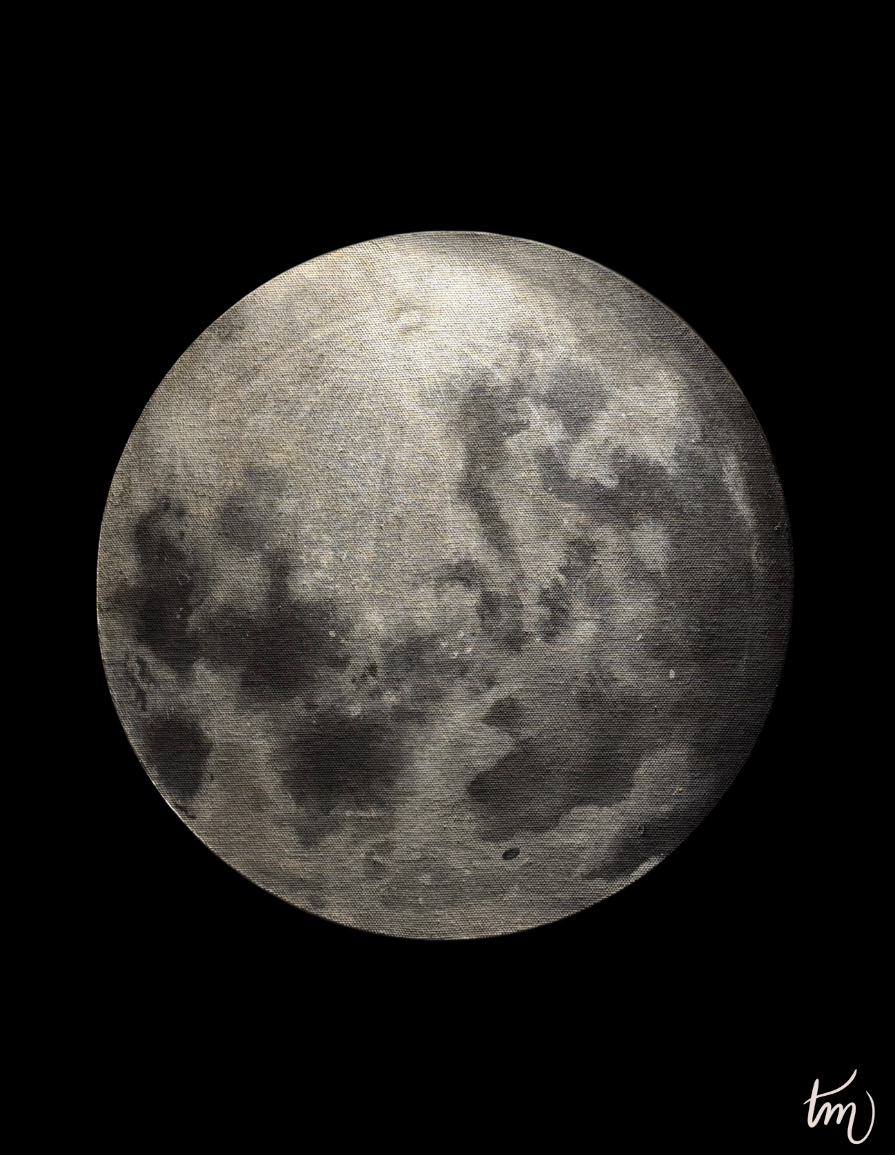 Close-up painting of the moon's surface with a black background