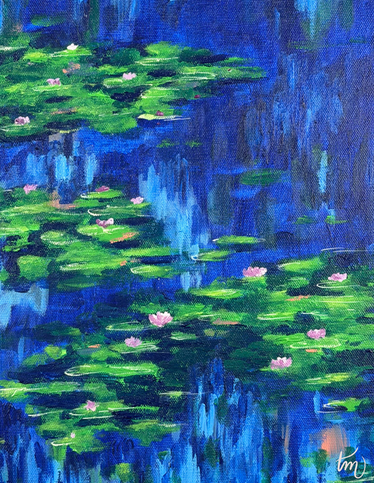 Artistic depiction of water lilies and willows with a blue and green color scheme.