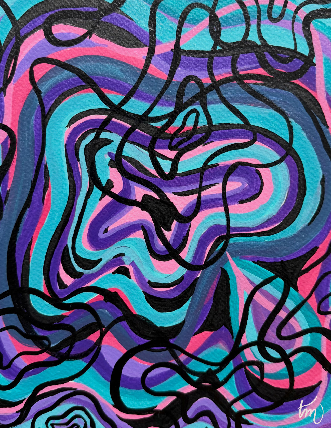 Abstract artwork with swirling lines in purple, blue, and pink on a black background